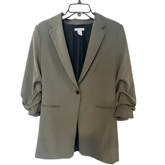 H&M Oversized Blazer Jacket Gathered Sleeve Olive Green Women's Small - Picture 1 of 5